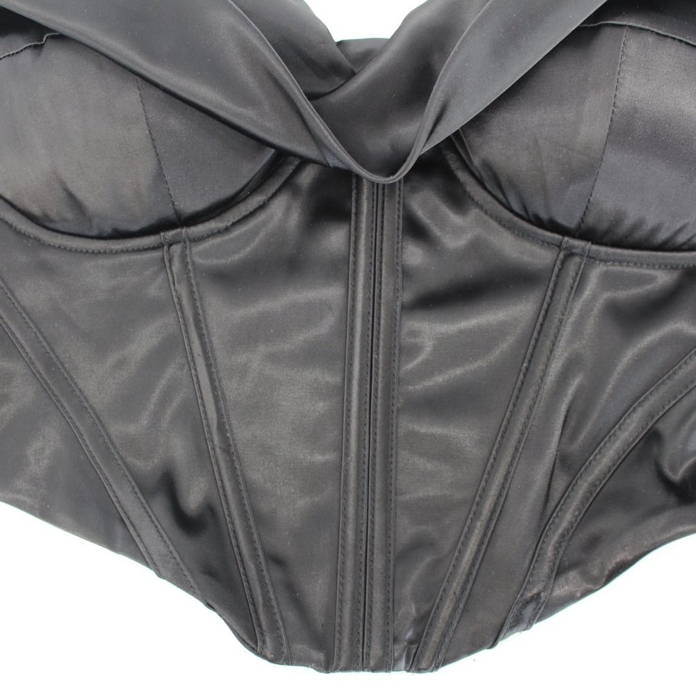 Black Satin Corset Bustier Top L Boned Padded Drape Cowl Neck Stretch Adj. Strap - Picture 3 of 15